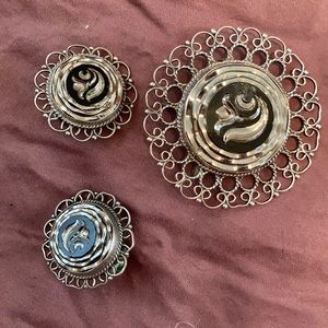 Vintage sterling silver Mexican earring and brooch